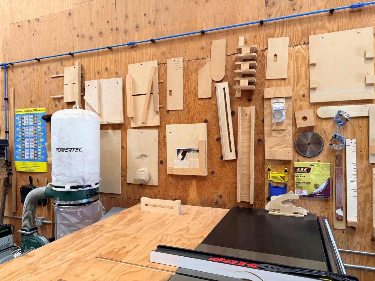 Woodworking wall at Jesse Schlesinger's studio