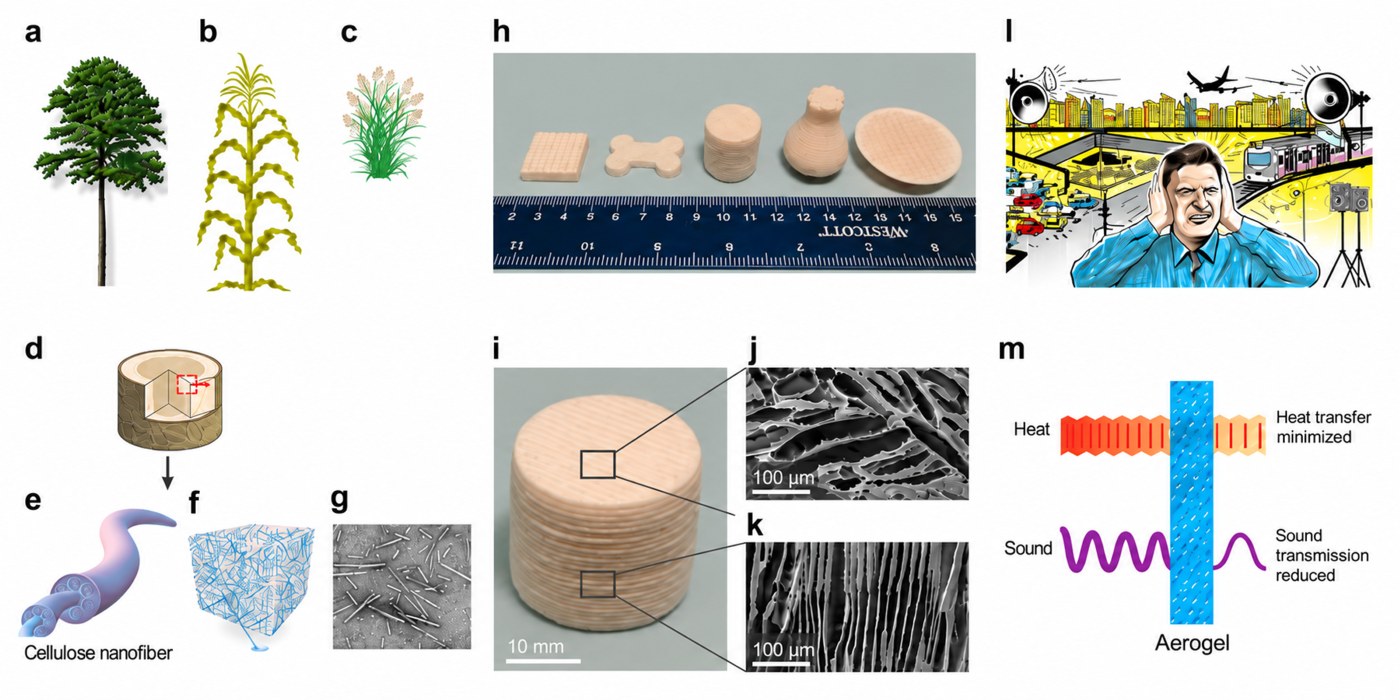 Bio-inspired 3D printed nanocellulose aerogels: cellulose sources, printed structures, SEM microstructure, and heat/sound insulation